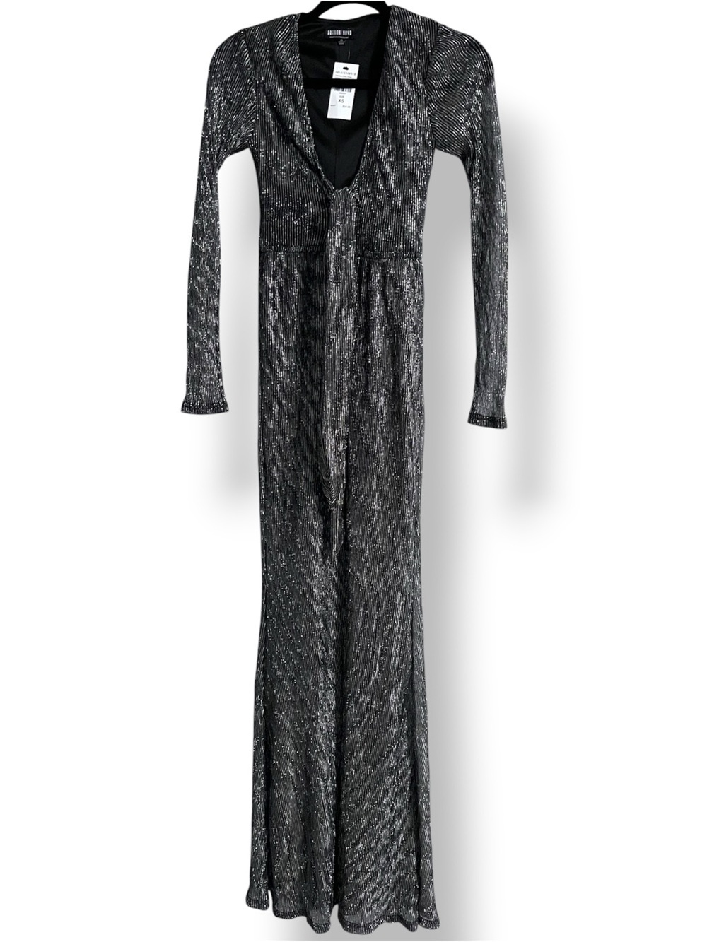 Fashion Nova Metallic Black Silver Maxi Dress